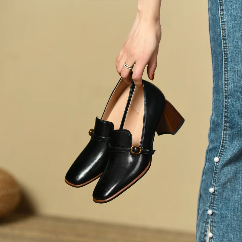 2022 New Square Toe Slip On Women Shoes Genuine Leather Shallow Ladies Shoes Spring Autumn Concise Square High Heels Size34-42