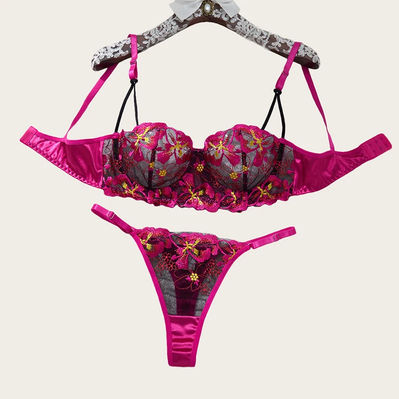 

Sexy Lingerie Floral Embroidery Mesh Underwear Romantic Rose Red Lingerie Set Women Push Up Bra See Through Intimate Erotic Sets