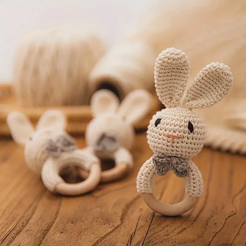 Wooden Baby Rattle Crochet Beige Rabbit Cute Shape Attracts Baby's Attention Newborn Stuffed Animal Organic Rattle Ideas Props