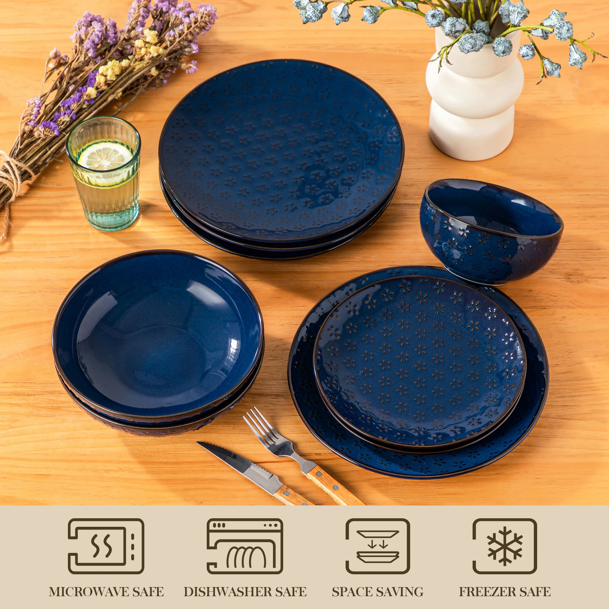 MALACASA LYDIA 16/32 Piece Blue Stoneware Plates Dinner Set Embossment Dinnerware with 6pcs Dinner plate/Dessert/Soup/Bowl - view 3