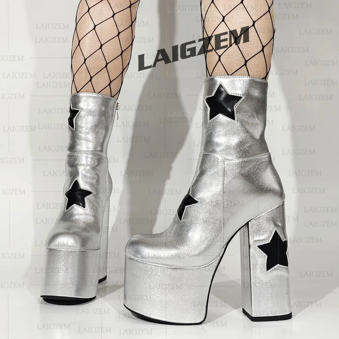 LAIGZEM Women Ankle Platform Boots Side Zipper Thick High Heels Patchwork Short Booteis Ladies Shoes Woman Large Size 39 41 43
