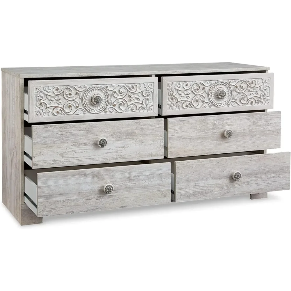 Paxberry Bohemian 6 Drawer Dresser with Carved Medallion Pattern, White