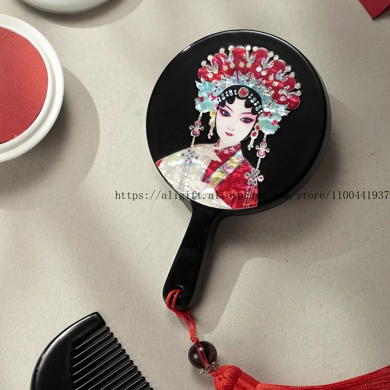 

Wooden Comb & Mirror Set with Shell Carving Vintage Style Portable Cosmetic Mirror Chinese Valentine's Day Gift for Her