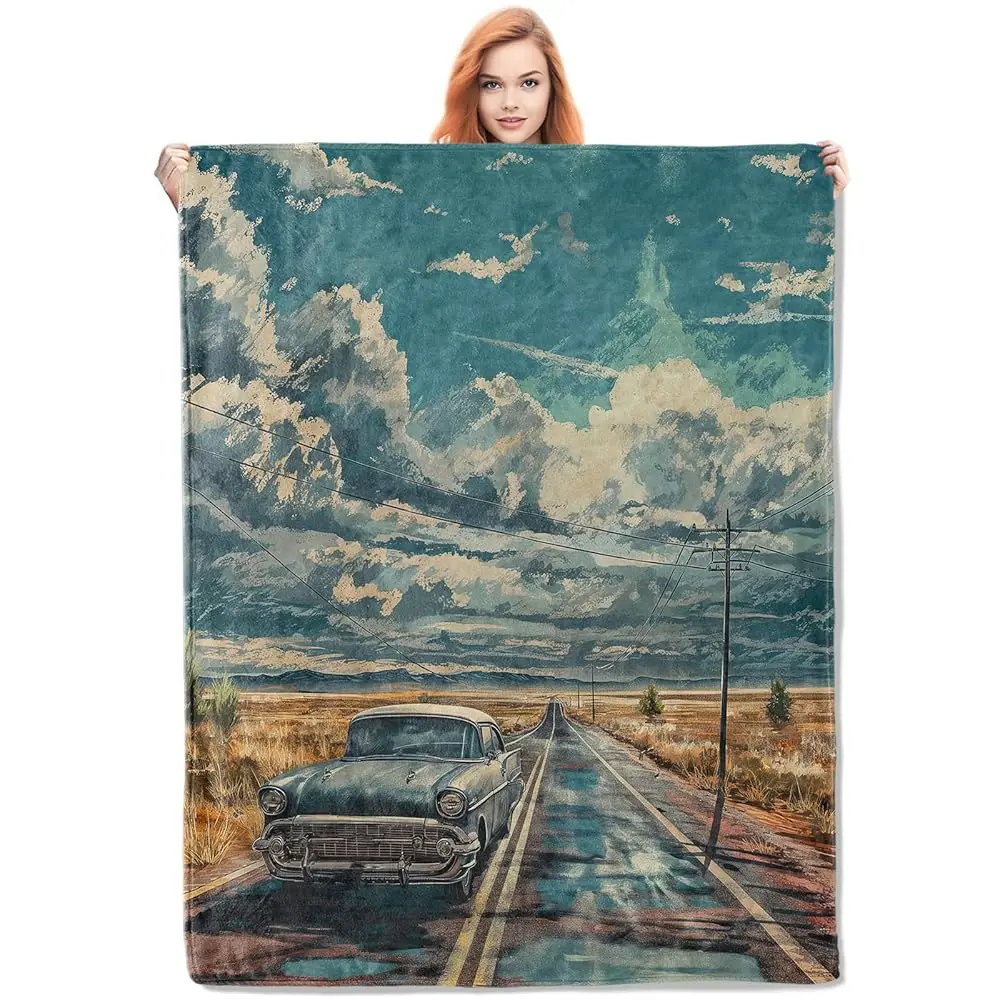 

Vintage Car Route 66 Blanket, Classic Car And Scenic Highway Flannel Throw Blankets,Soft Warm Lightweight Cozy Plush Throws For