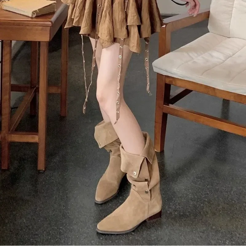 Women Retro Pleated Knee High Cowboy Boots 2024 Autumn High Heels Pointed Toe Thick Heeled Botas Western Boots Woman Long Botas image 2