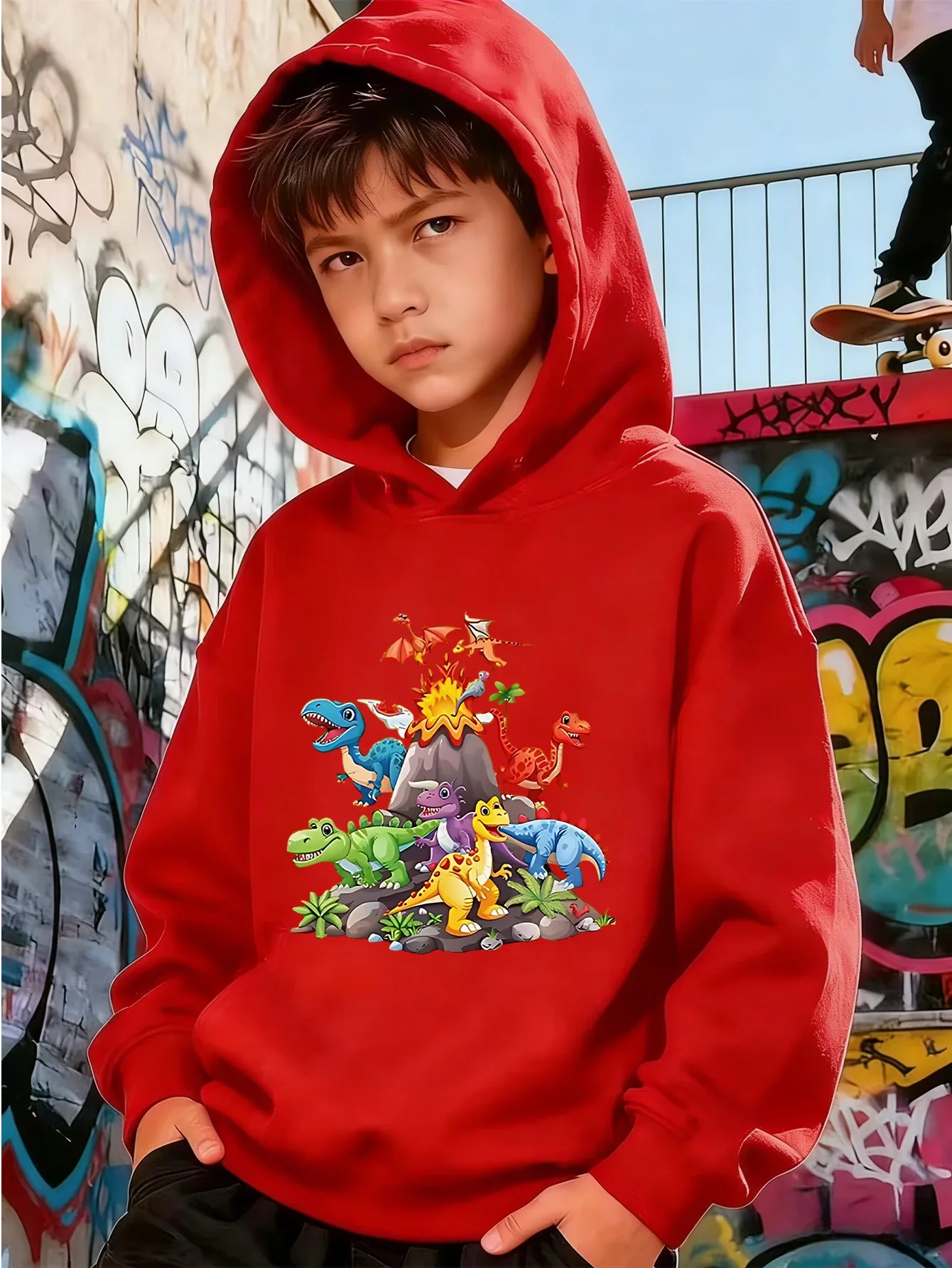 Kids Boys Dinosaur Volcano Graphic Hoodie Black Printed Dino Sweatshirt School Clothes Birthday Present Autumn Winter Tops