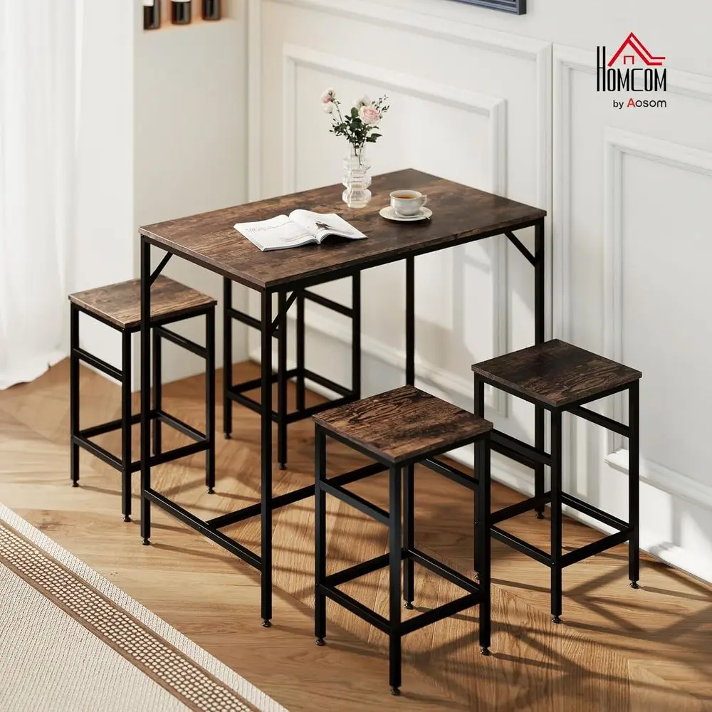 5-Piece Industrial Dining Table Set, Bar Table Chair Set Black/Brown | 4 Stools Included, Space Saving, Pub & Kitchen