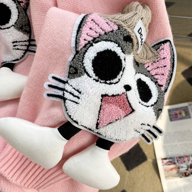 Hsa Cartoon Cat Hooded Sweater for Women Autumn and Winter Loose Outerwear Design Sweet Korean Style Knitted Coat