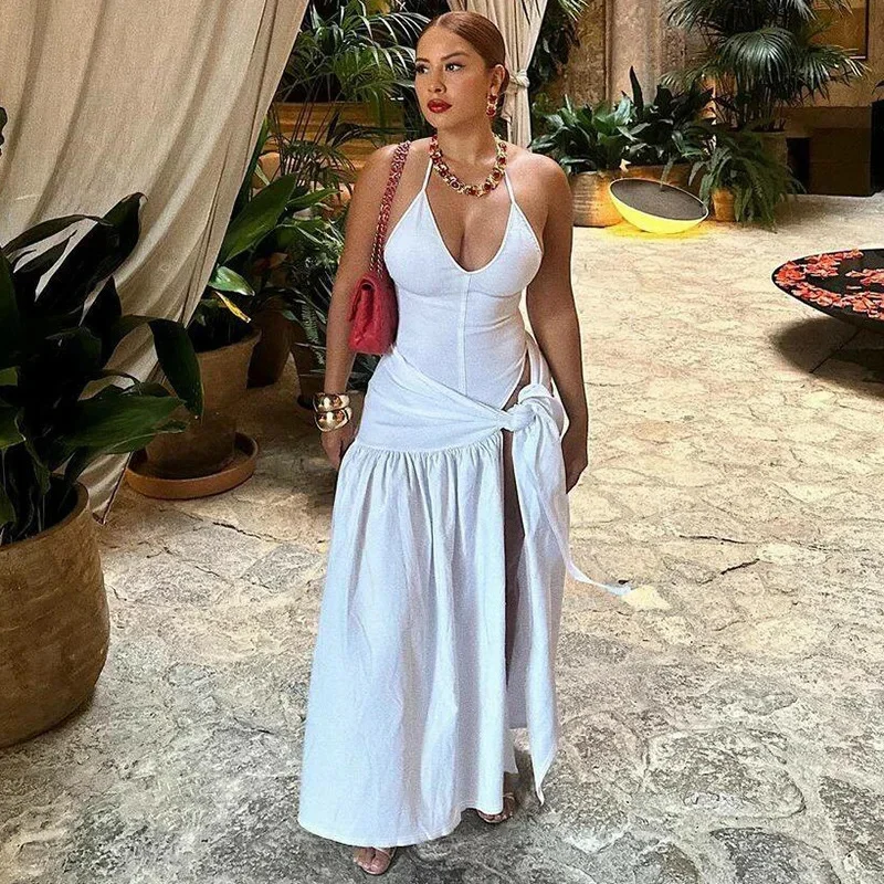 Sexy Skirt 2 Piece Sets Women V-Neck Jumpsuit Outfit Fashion Lace-Up Split Pleated High Waist Skirt Set 2024 White Bandage Dress