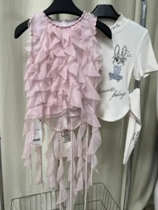 

Нежно-розовый шифоновый топ Sweet Fairy с кружевной отделкой для женщин: летний дизайн, модный, элегантный, для повседневной носки, приталенный крой.