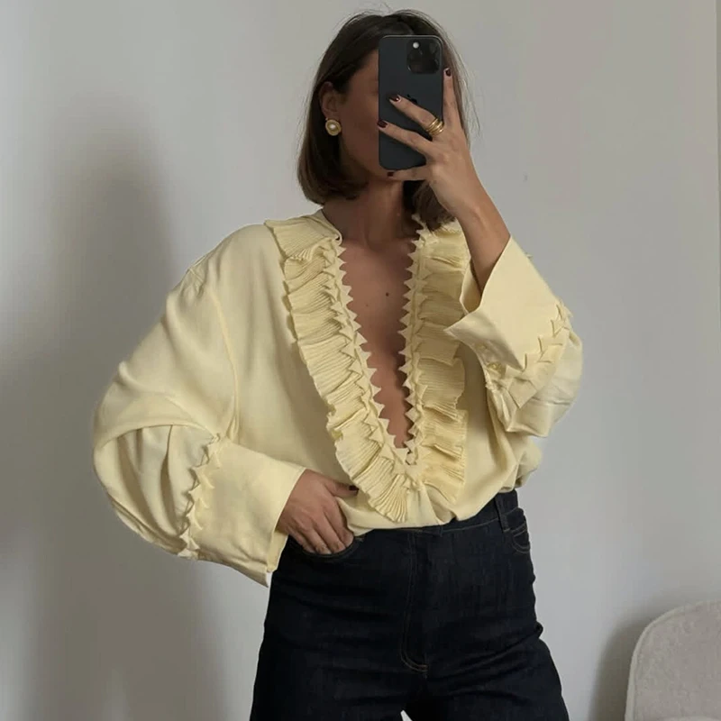 Trendix Solid Ruffle Chiffon Top Vrouwen 2025, Zomer Casual Losse V-hals Lange Mouw Blouse Mode Lace Up Vintage Shirts Femme