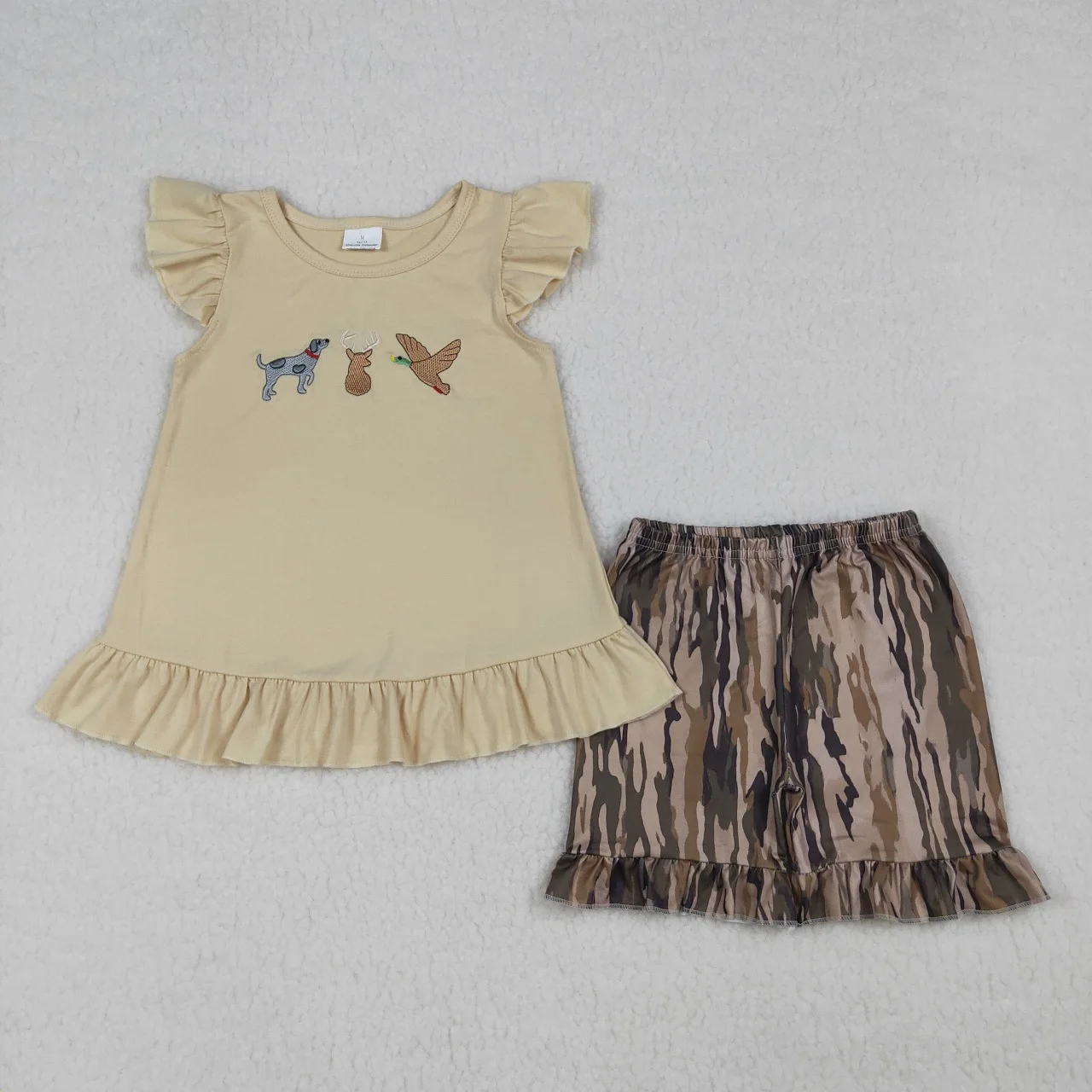 Wholesale Kids Baby Girl Embroidery Clothes Toddler Children Set Girls Dogs Ducks Tunic Camo Shorts Summer Outfit Clothing