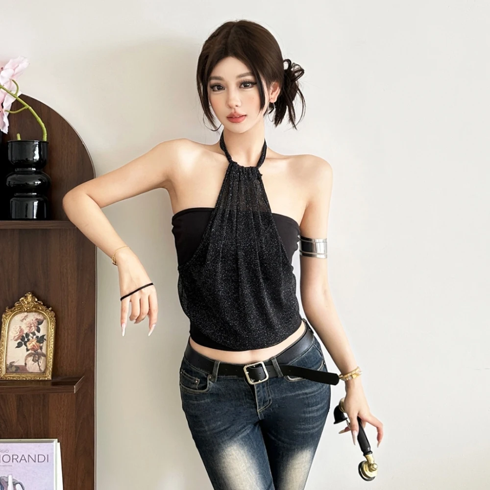 เสื้อกล้ามซิลคิว ผ้าตาข่ายปะติดปะต่อ แบบผูกคอ เปิดไหล่ โชว์หลัง โชว์เอว สไตล์สาวฮอต แนวสตรีทสุดแซ่บ