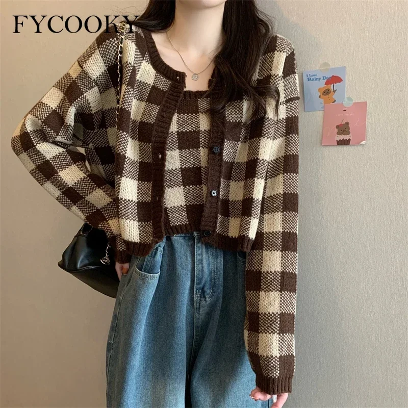 격자 무늬 패션 스웨터 코트 여성용, 새로운 니트 캐미 크롭 가디건, 투피스 정장, 가을 겨울
