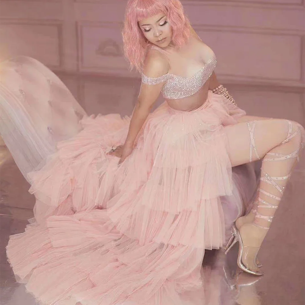 Shining Diamonds Strakke Stretch Mesh Netto Vrouwen Body Roze Rok Tweedelige Set Verjaardagsfeestje Outfit Zanger Dans Stadium Slijtage