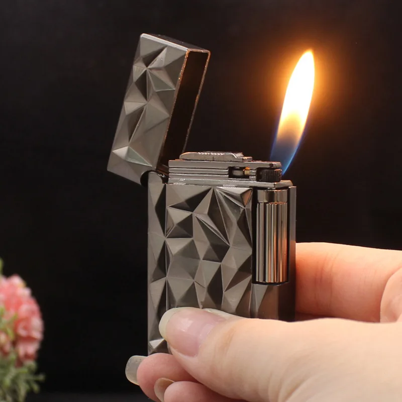 3D Diamond Cut Lighter with Crisp Ping Sound, Refillable Butane Gas Soft Flame Lighter, Side Ignition Flint Wheel Metal Lighter