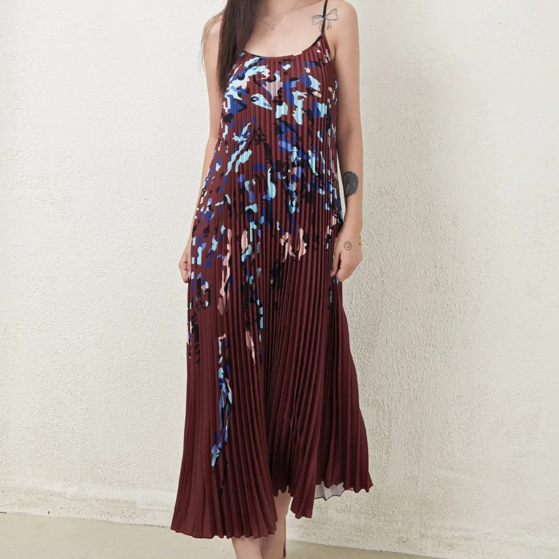 CHUJIE فستان نسائي موضة الترفيه الراقية مطبوعة حزام فضفاض بلا أكمام التجاعيد طول الركبة فستان 2025 ربيع/صيف جديد