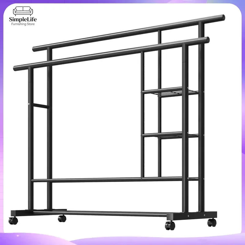Heavy Duty Iron Double Bar Clothes Rack with Wheels 2 Tier Garment Hanger Stand Removable Side Shelves Thickened Metal Coat