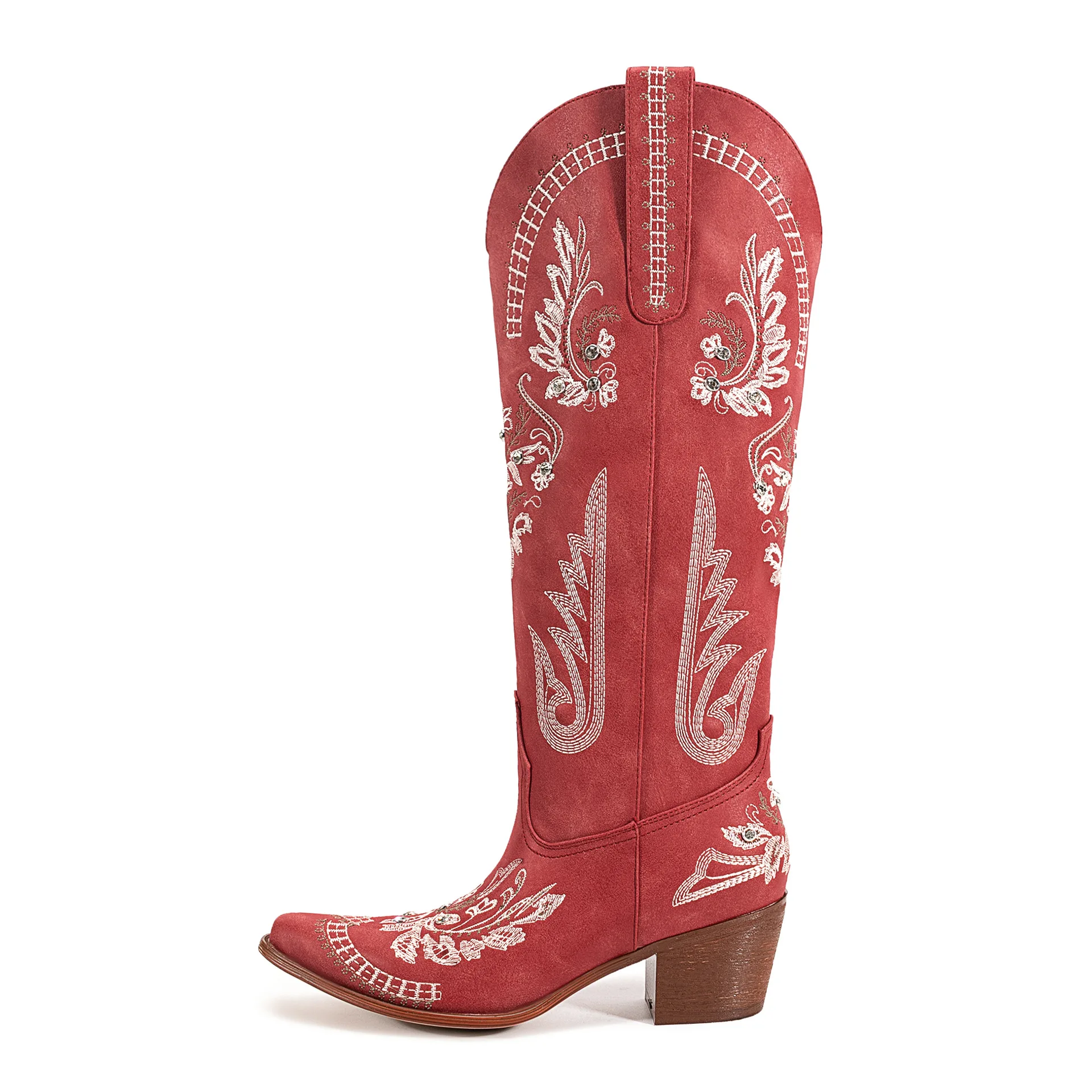 Dames lederen kniehoge cowboylaarzen Vintage geborduurde bloemen westerse laarzen Vierkante neus Blokhak laarzen voor herfst winter