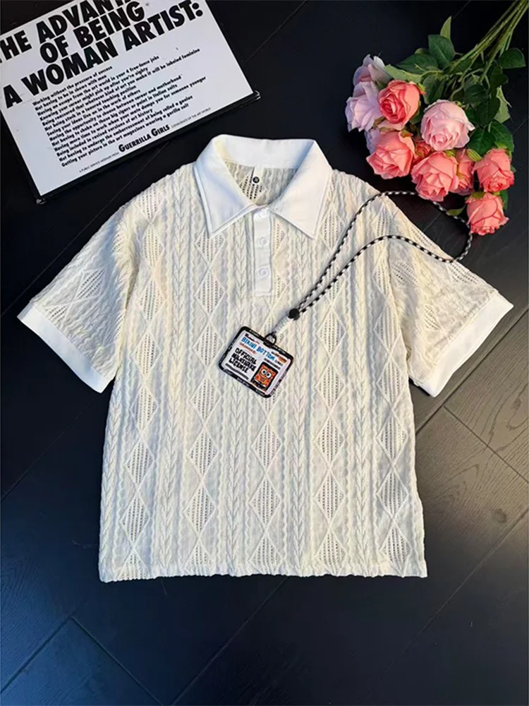 Cuban Collar Hollow out Knitted Short Sleeve  Shirt Men's Summer Preppy Style Breathable American Five Sleeve T-Shirt
