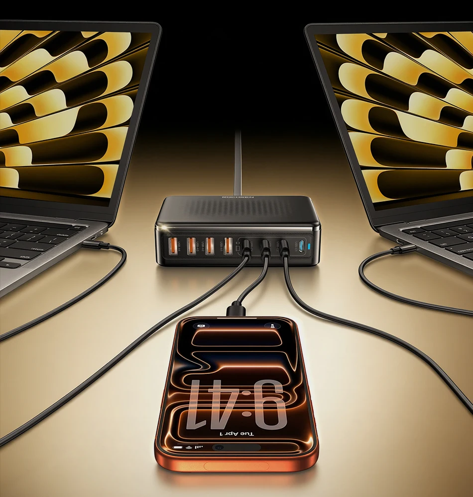 Rocoren 200W GaN-Ladegerät 8-in-1 Desktop-Schnellladegerät für iPhone 18 17 Pro Max Samsung USB Typ-C Ladegerät Tragbare Powerstation – Detail 13