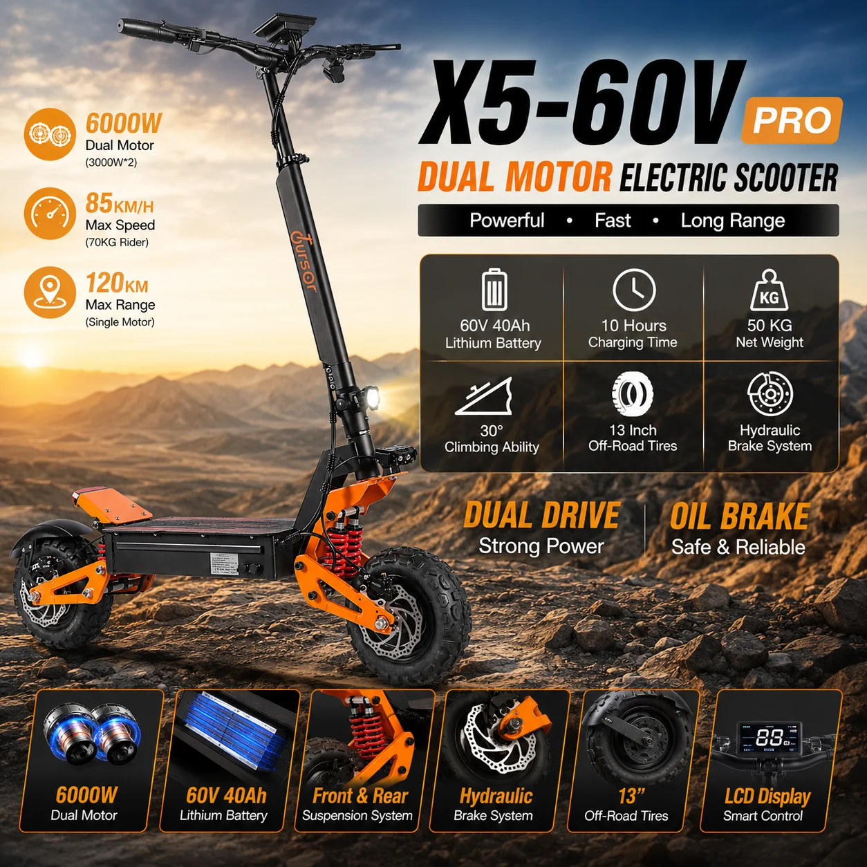 

X5-60V PRO High Speed Electric Scooter 6000W Dual Motor 60V 40Ah Lithium Battery 80KM/H Hydraulic Brake 11 Inch Tire