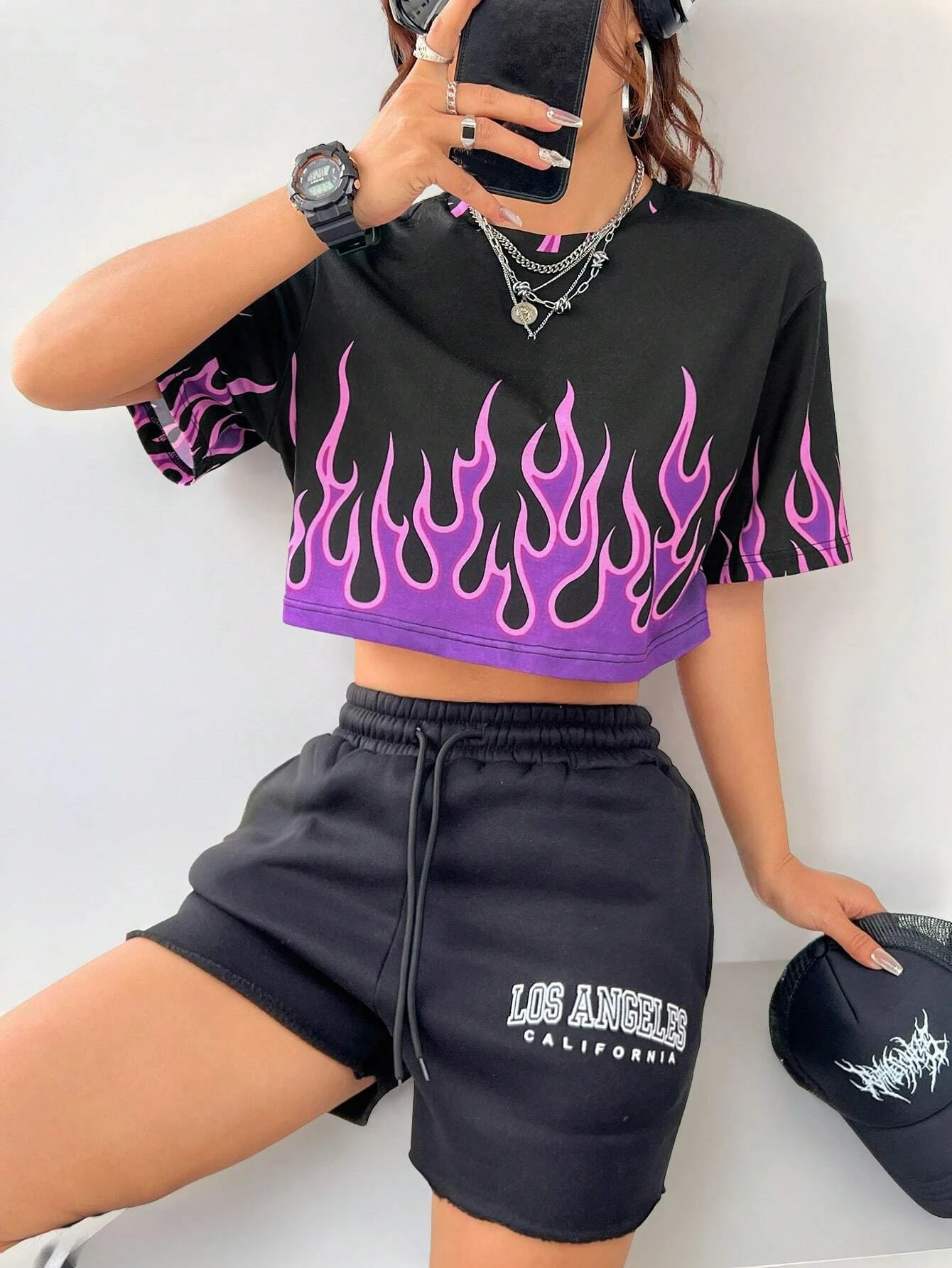 

Fashion Cool Flame Print Design Crop Tee T-shirt Summer Women Casual Running Workout Crop Top Female Loose Dance Short Tshirt