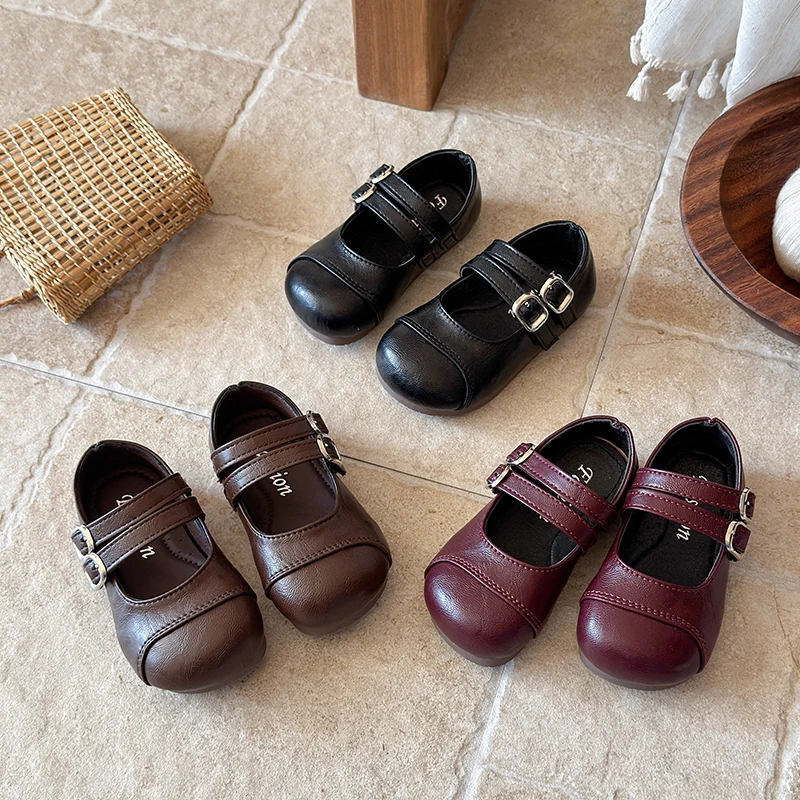 Autumn Girl's Mary Janes Double Strap Sewing Daily Kid's Flat Shoe Solid Colors Anti-slip Fashion Versatile Children Shoes 4-6Y