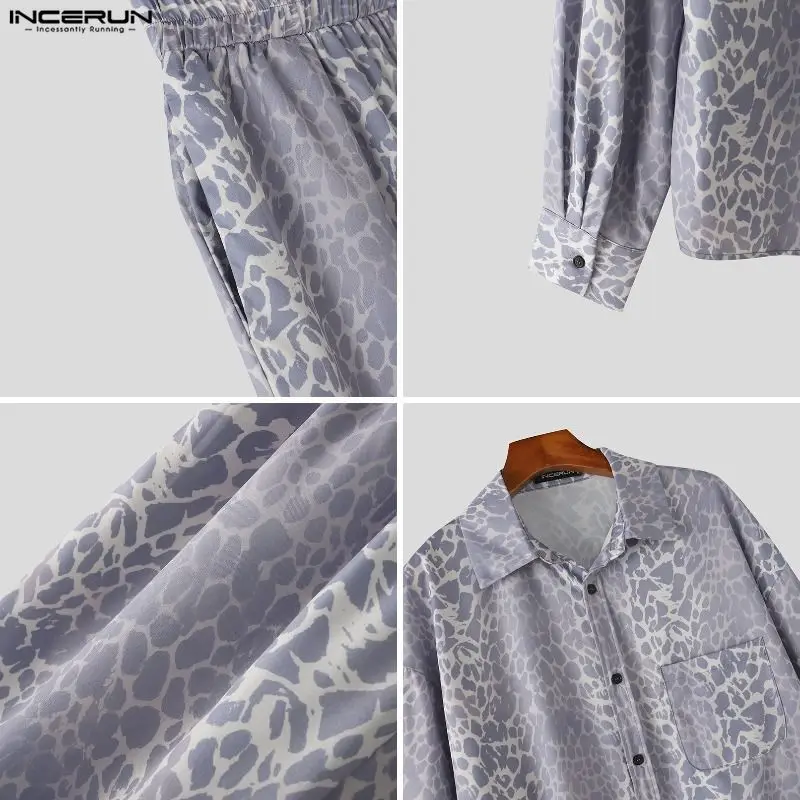INCERUN Men's Sets Leopard Print Lapel Long Sleeve Shirt Pants Two Piece Sets Streetwear Fashion Casual Matching Sets Tracksuits - view 6