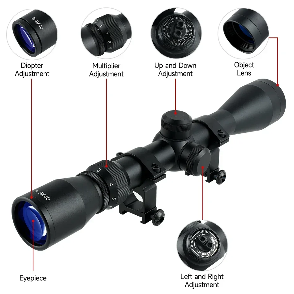 3-9x40 Optical Sight Scope Side Wheel Parallax  Airsoft Air Guns Rifle Scope Adjustable Tactica Riflescope Fit 11/20mm Rail