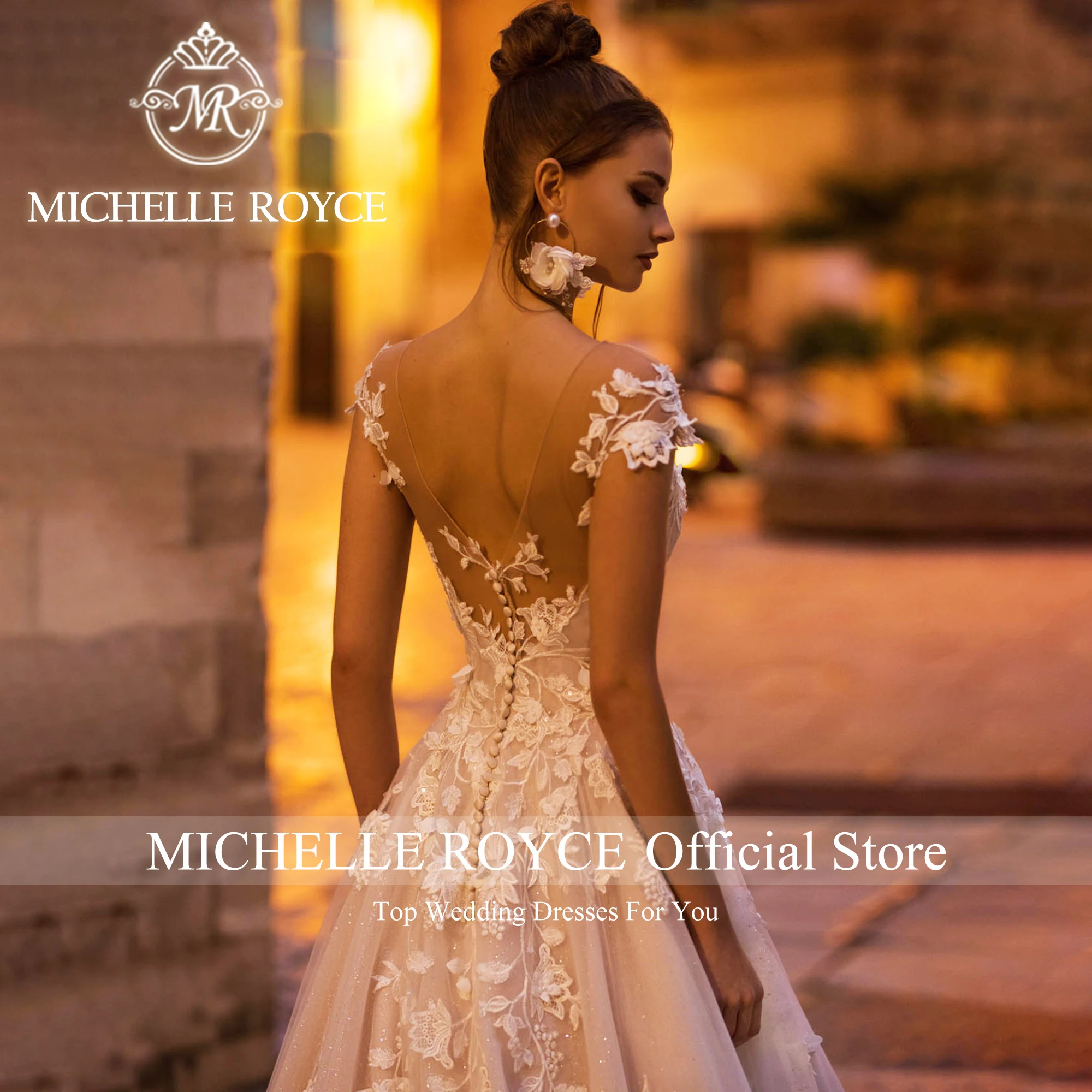 Michelle Royce-Vestidos De novia Acampanados para mujer, traje De boda en V profundo con escote, manga corta, apliques, Espalda descubierta, 2024