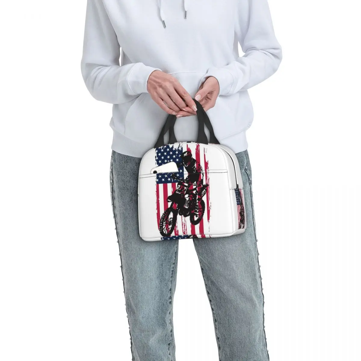 Dirt Bike Motocross USA American Flag Lunch Bags Bento Box Lunch Tote Leakproof Bag Cooler Thermal Bag for Woman Children Office