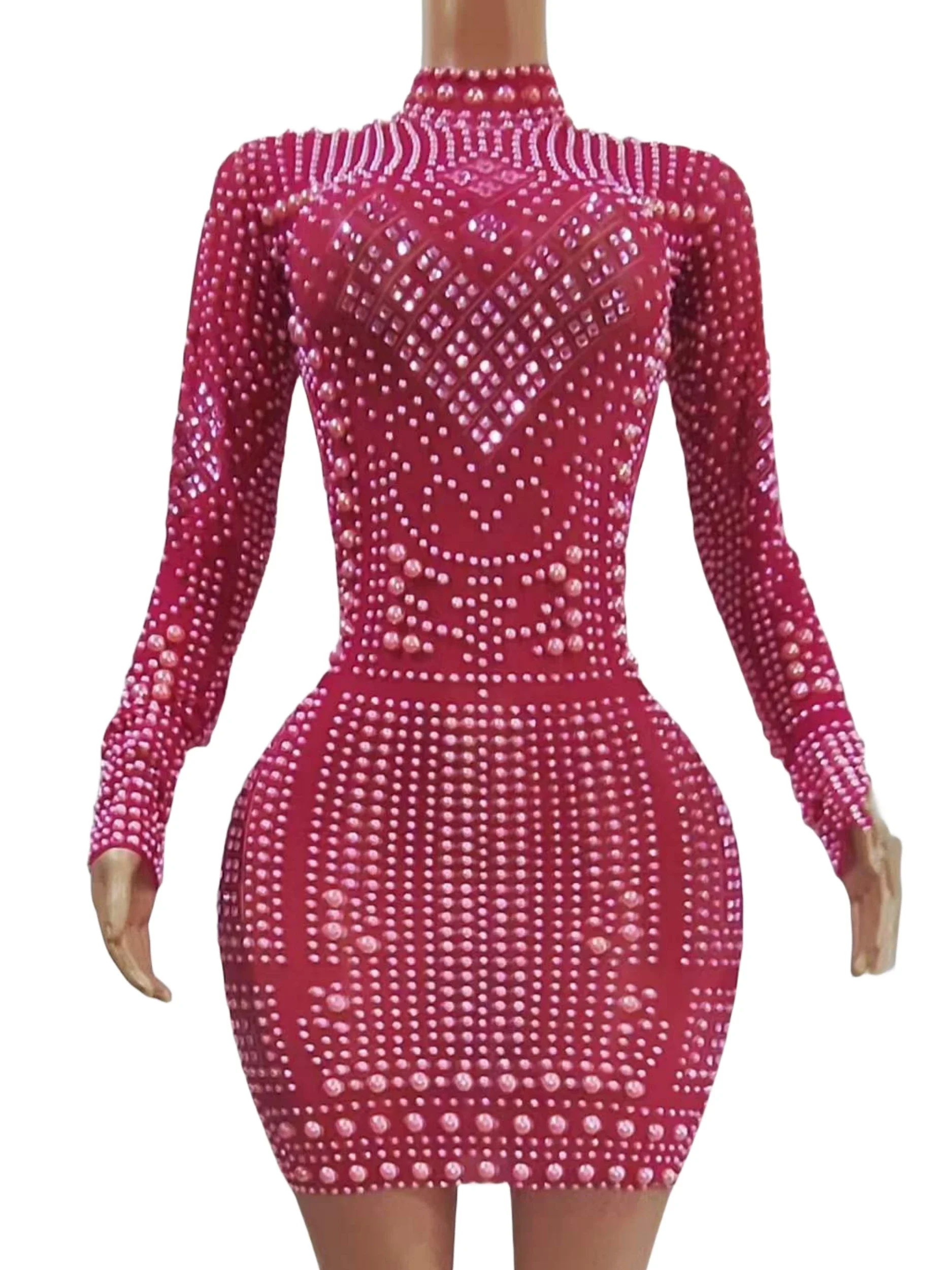 Full Rhinestone Rose Red Luxury Short Dress For Women Birthday Queen Outfit Singer Long Sleeve Stage Wear Drag Costume 2023