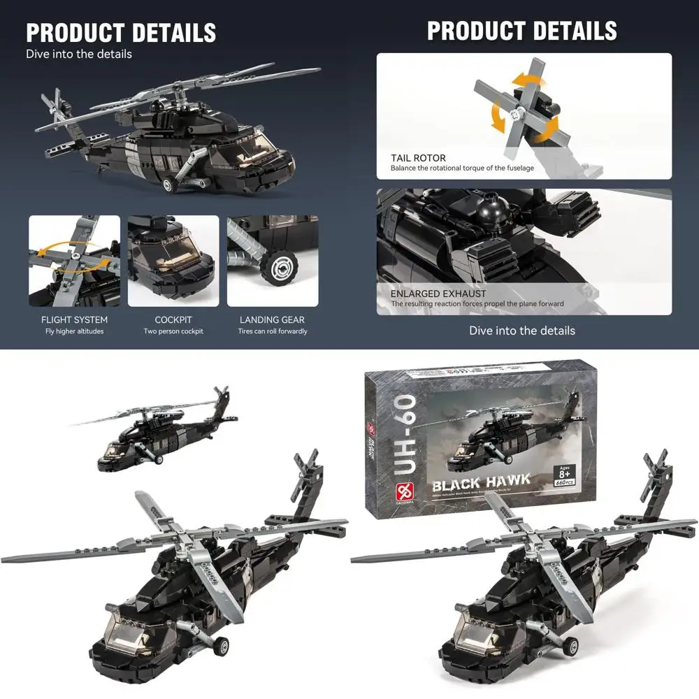 

UH-60 Black Hawk Helicopter Military Airplane Building Set, 660+ Pieces, Ideal for Kids and Adults
