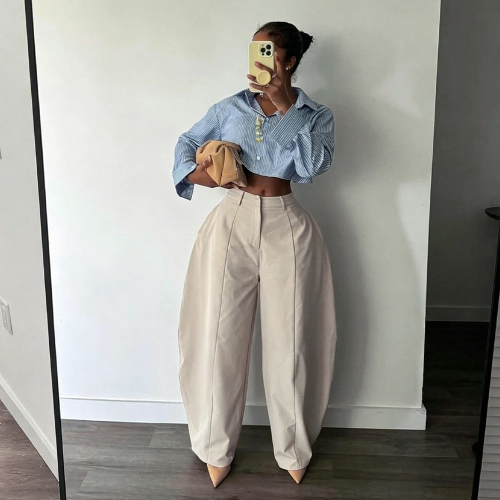 2026 Herbst Damen High-Waist Vertikale Naht Ballonhose Lose Weite Hose mit Knopf- und Reißverschluss Modische Streetwear Pendlerhose – Detail 4