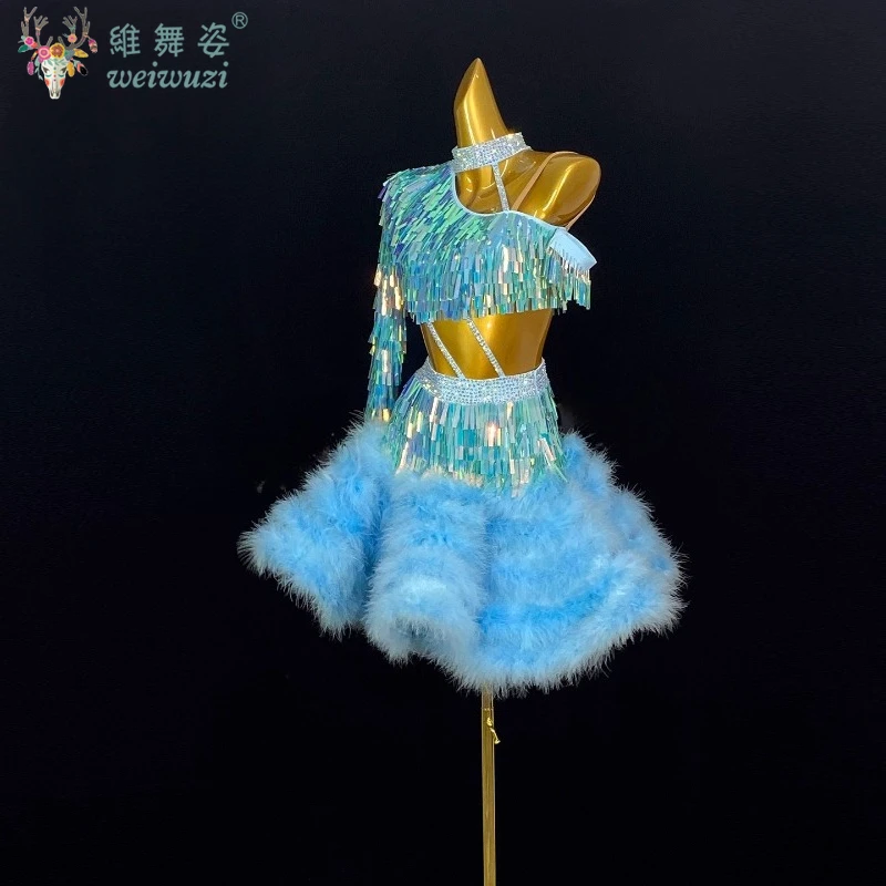 라틴 댄스 의상 맞춤형 깃털 태슬 글리터 성인 및 어린이 차차 삼바 룸바 대회 공연 의상