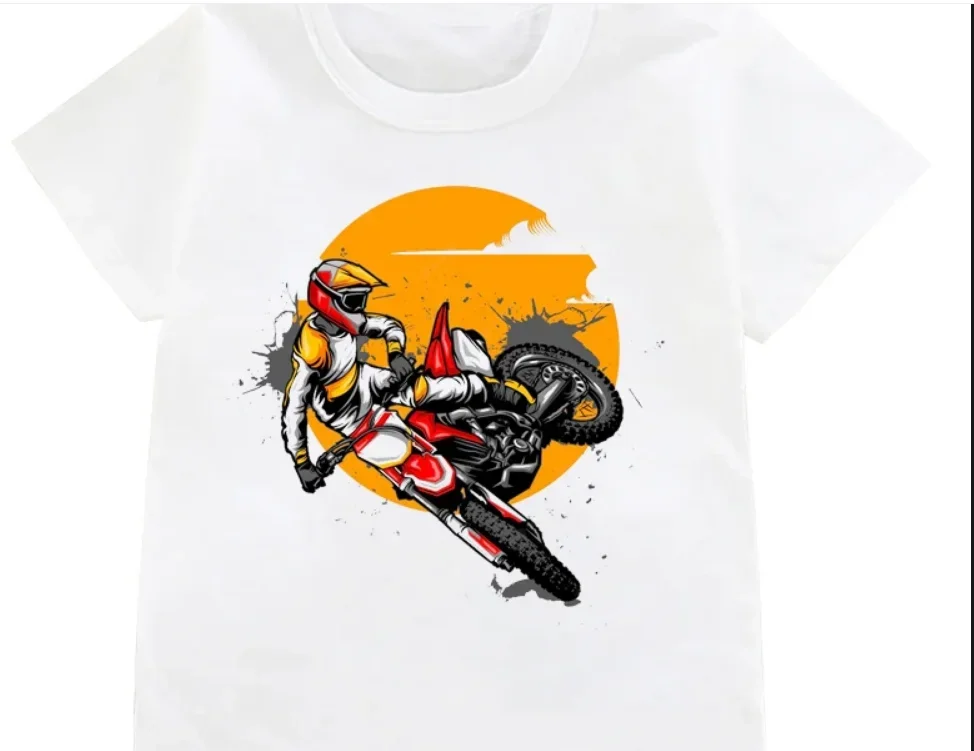 Funny Dirt Bike Motorcycle Print T-shirt Boys Cool White T Shirts Kids Harajuku Summer Short Sleeve Tshirt Tops