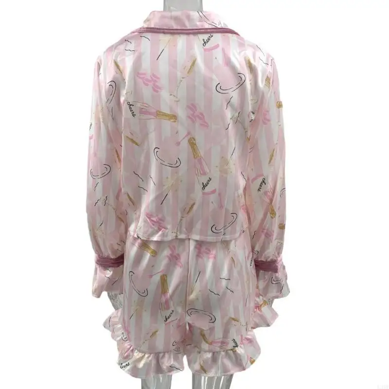 

L38E Women Silk Satins Pajamas Set Short Sleeve Sleepwear 2Pieces Buttons Down Nighty