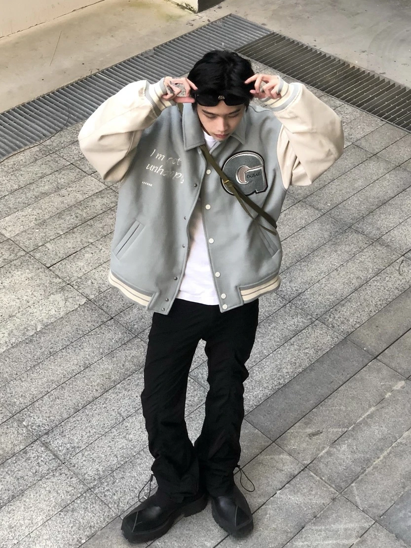 

Thiened Woolen Baseball Jaet with Leather Sve And Collar American Sle Embroidery OGSAIL een Bean Coat Youth Faion