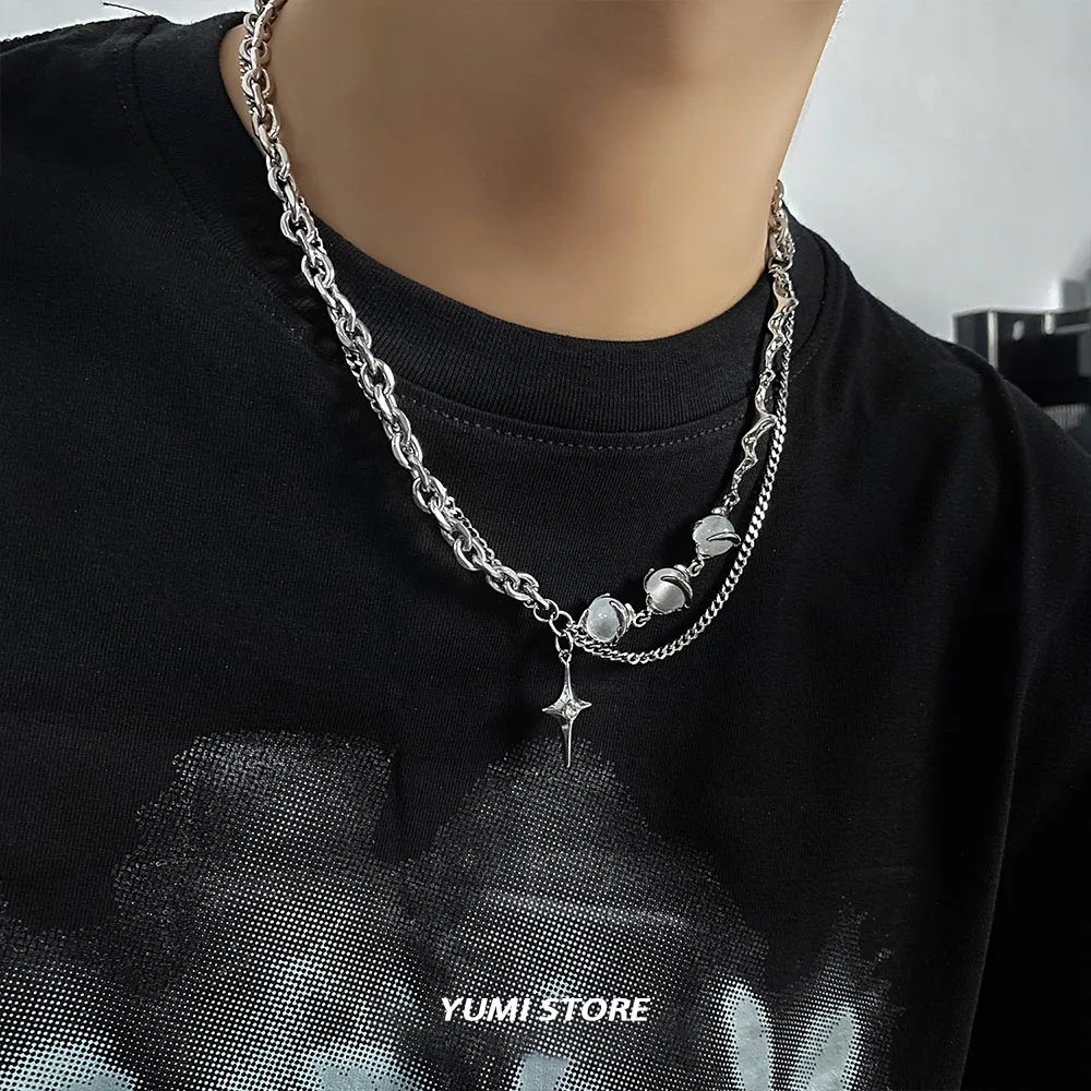 Titanium Steel Multi layered Star Cross Pendant Necklace For Men Women Trend Kpop Crystal Bead Sweater Chain Unisex Jewelry