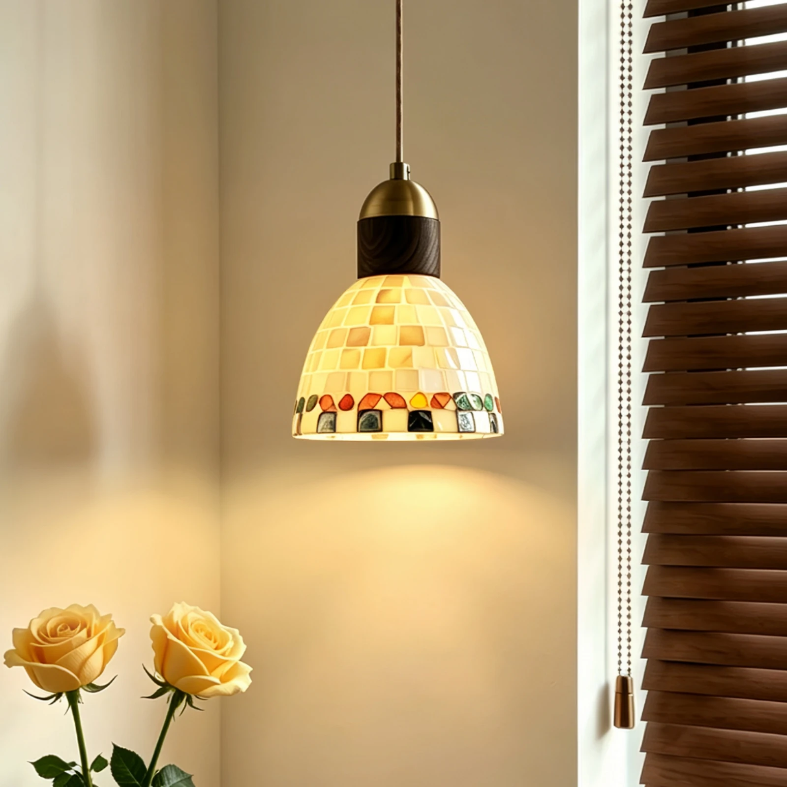 Pendant Lamp with Shell Shade Vintage-Inspired Bell Pendant Lamp Ceiling Light Fixture Warm Compact for Bedside, Bedroom
