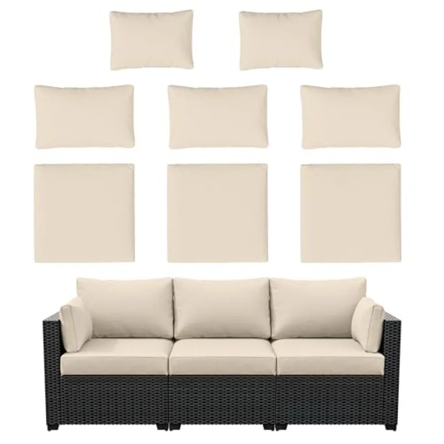 

Outdoor patio cushion covers for 3-seat rattan sofa, waterproof polyester fabric, beige, with zipper closure and slipcover desi