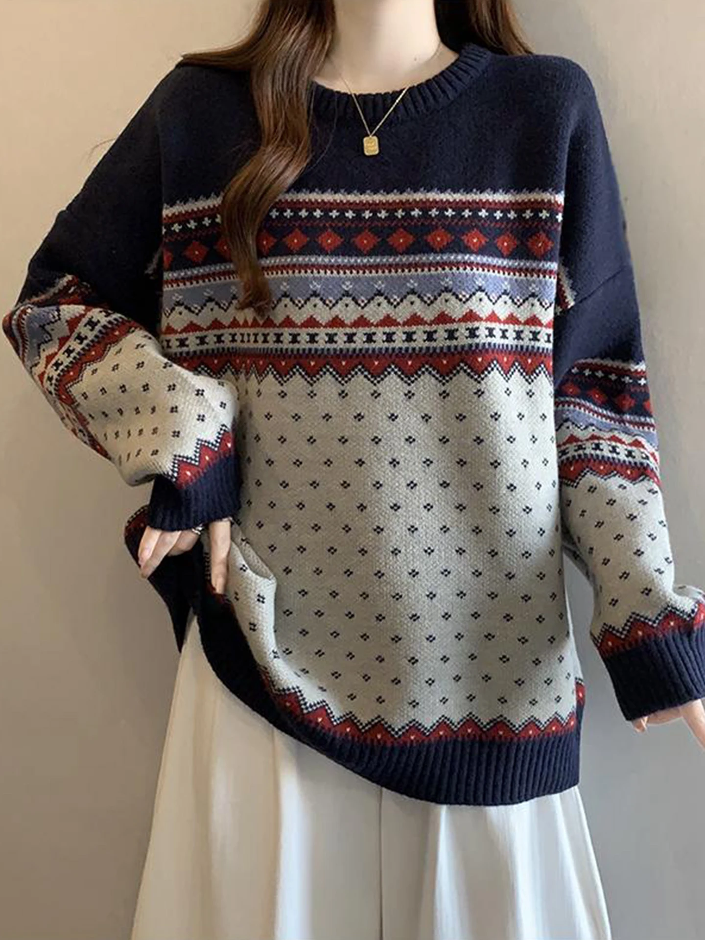 

Вязаный свитер в стиле ретро Fair Isle для женщин: осенне-зимний, мягкий, красивый, теплый, большого размера, для повседневной носки