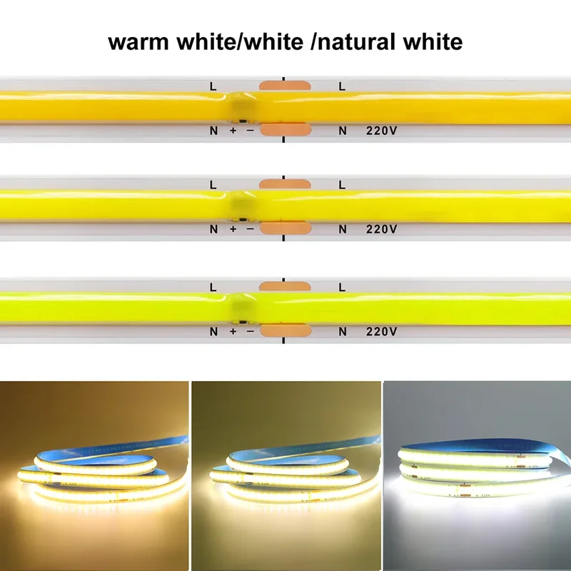 5m 10m 20m 50m COB LED Strip Light 220V Lamp with Chip High Bright 240 LEDs Linear Lighting RA90 Warm Natural White