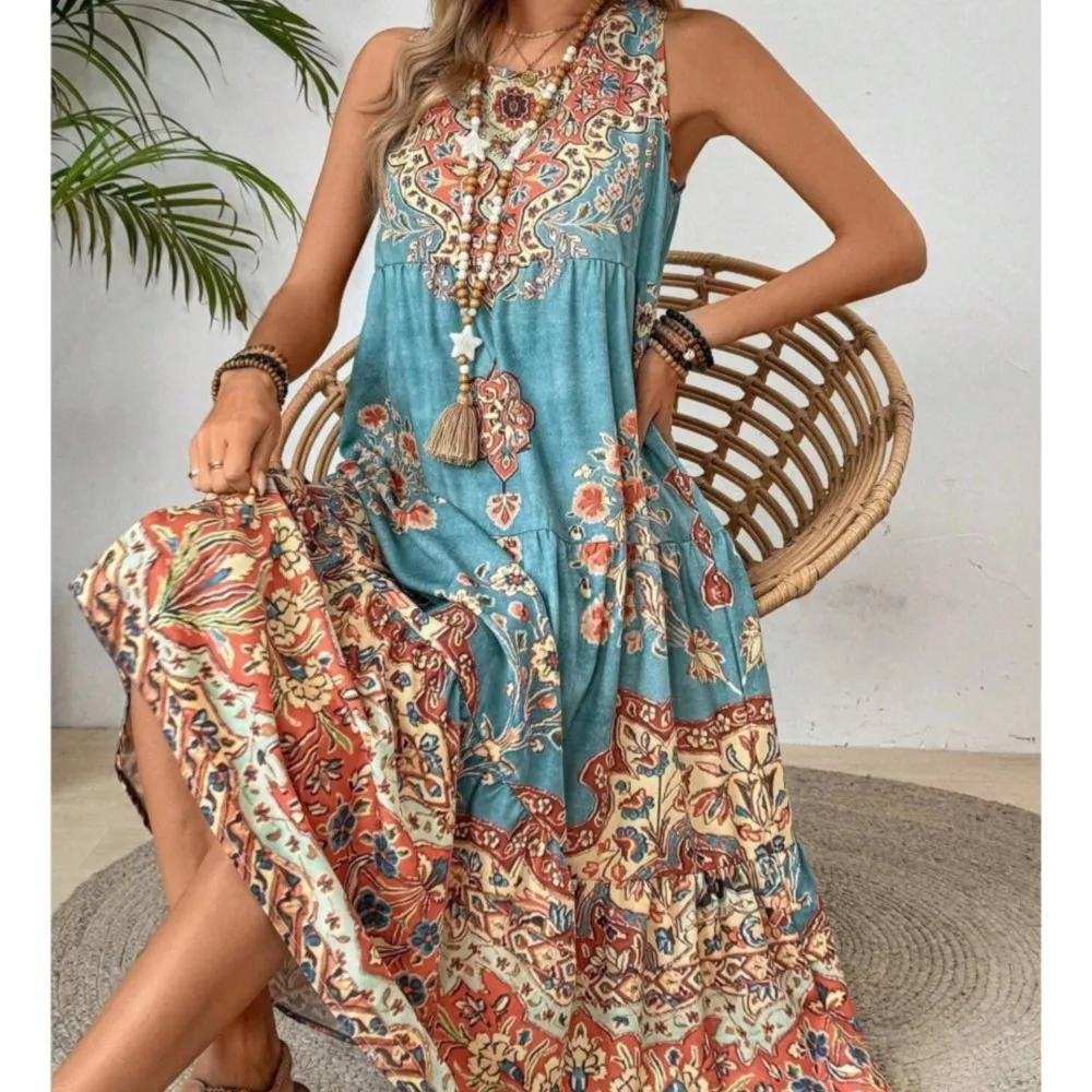 2025년 유행 보헤미안 슬리브리스 V넥 플로럴 프린트 드레스 우아한 여름 휴가 선드레스