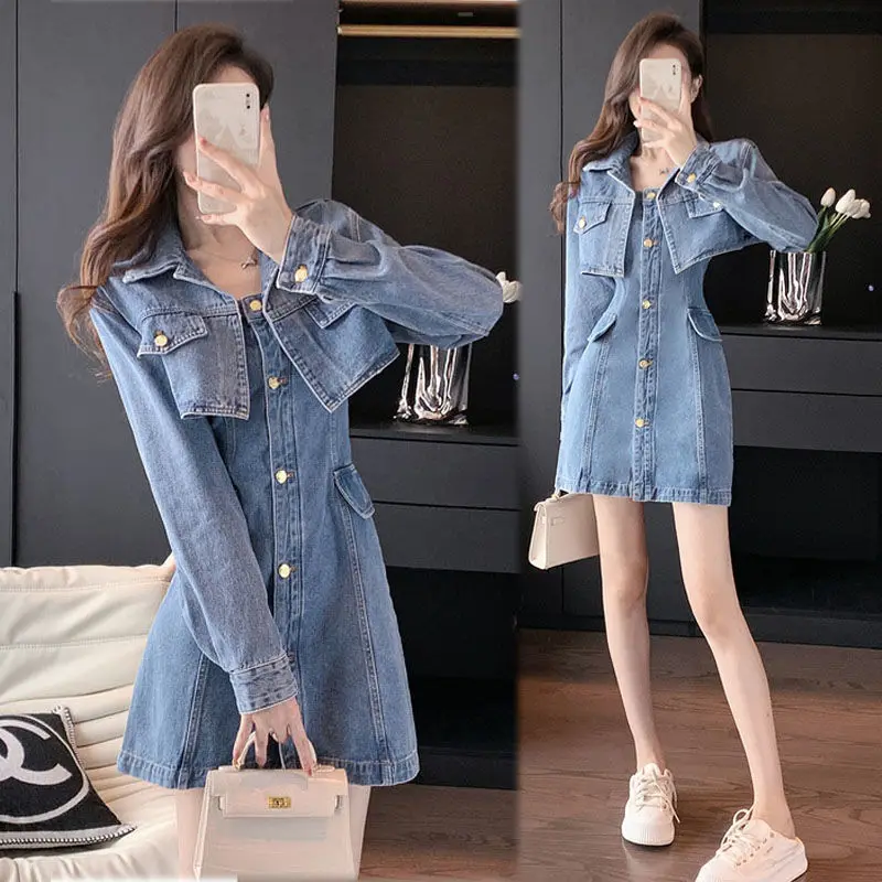 

Denim Coat Turtleneck Single Breasted Full Womens Summer Velvet Sashes Pocketed Feminine Minimalist Buttoned Layered Soft Gentle