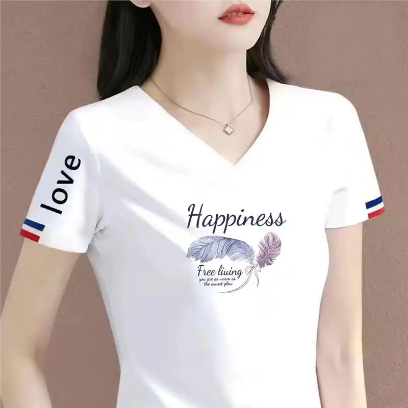 

Casual Fashionable V-Neck Mommy Clothes Women's Korean Style Printed Top Design Sensation Polyester Fiber Thin Model T-Shirt