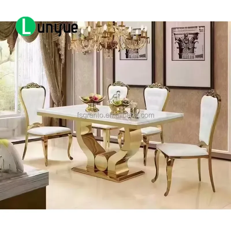 Luxury Marble Top Dining Table Set Gold Stainless Steel Frame Modern Fashion Home Hotel Furniture Elegant Dining Room Decor