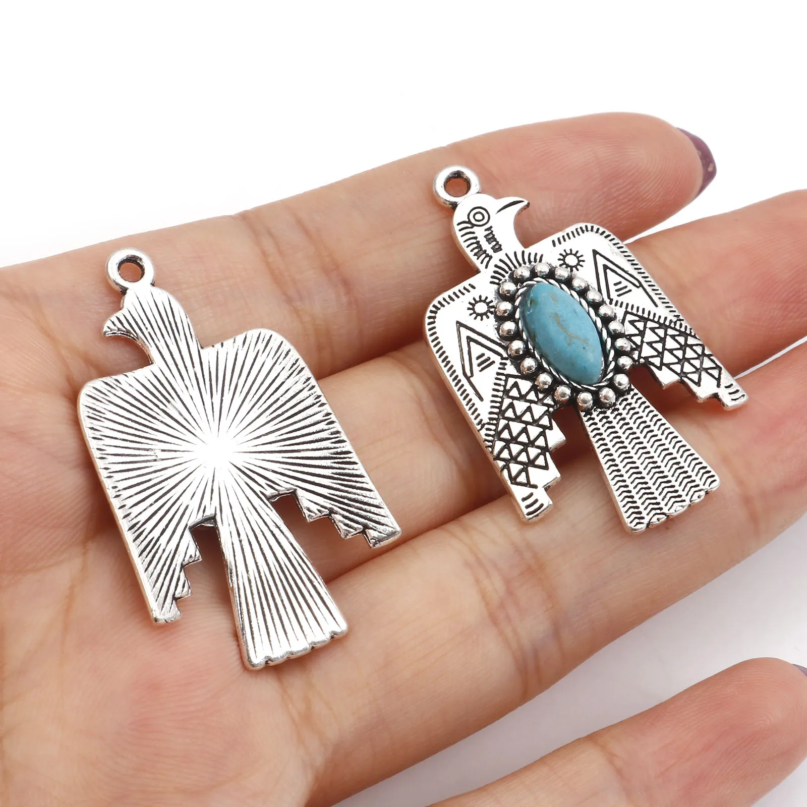 Bohemian Pendants Antique Silver Color Blue Thunderbird Resin Cabochons Imitation Turquoise Charms DIY Necklace Jewelry,5PCs