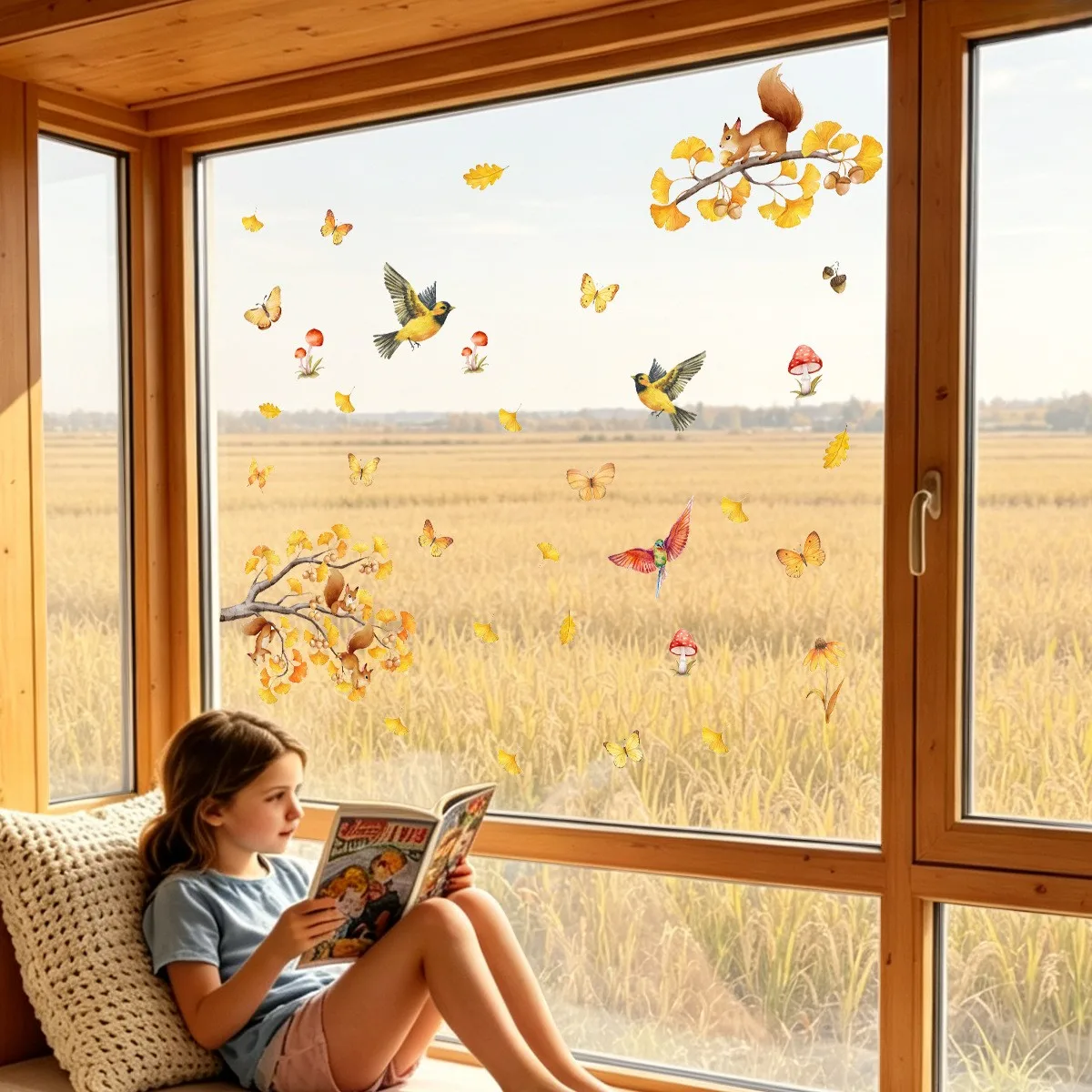 Season Static Window Clings with Sunflower and Butterfly Illustrations Reusable PVC Decals for Transparent Flat Surfaces